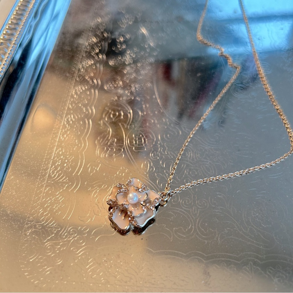 Pink, Pearl, and Diamond Flower Necklace